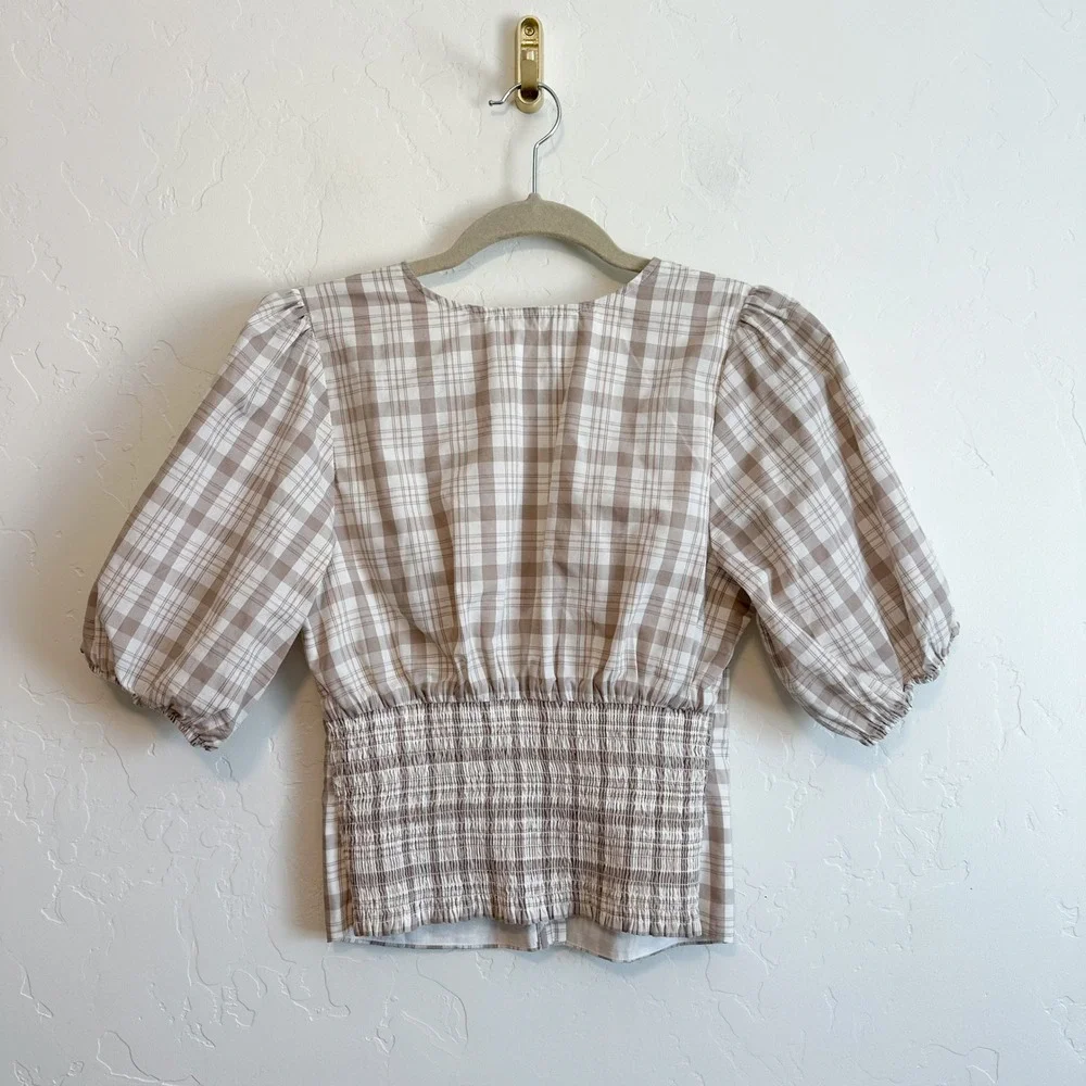 Abercrombie | Plaid V-Neck Puff Sleeve Button Top
